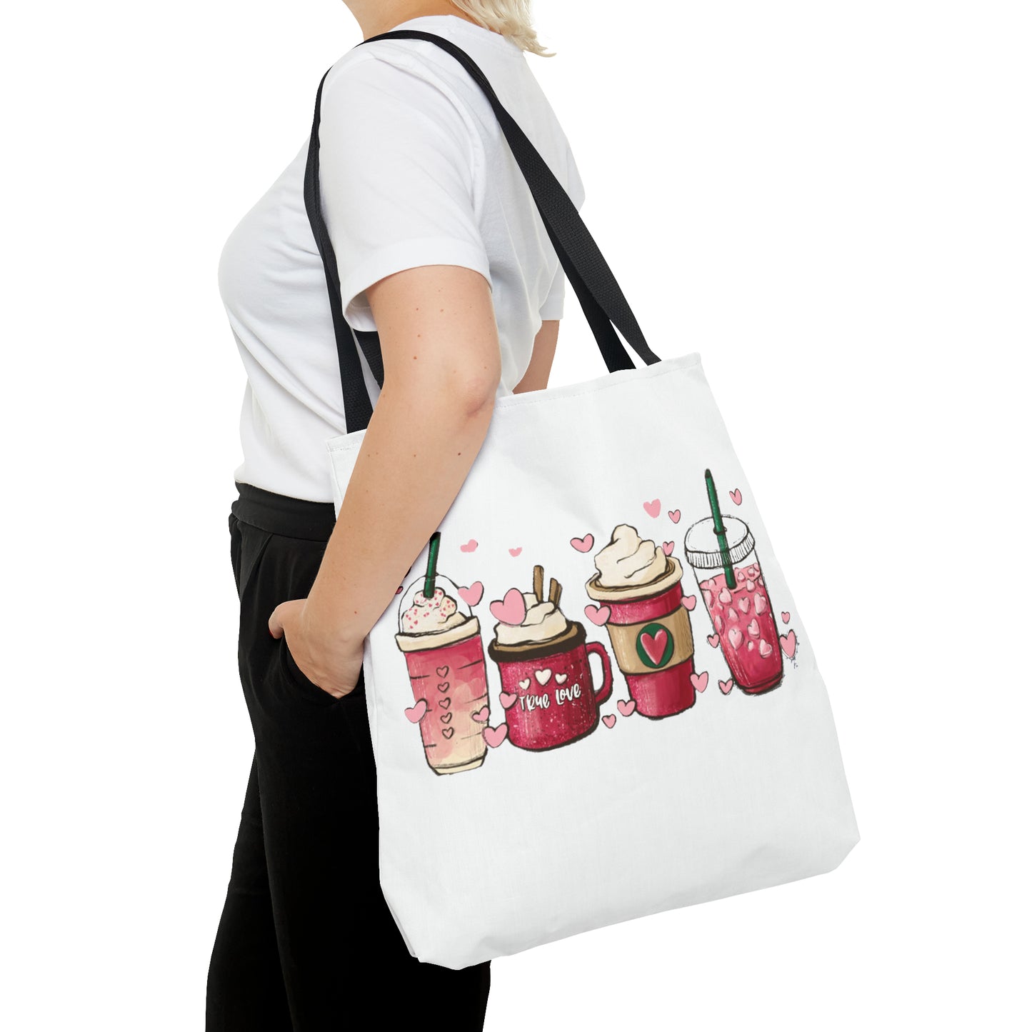 Valentine's Coffee tote bags Double stitched seams, cotton straps, laminate lining. Made with 100% polyester. Cute Valentine's Day gift, Funny Coffee gift, Gift for her. Gift for girlfriend. Sorority sister gift. Great Quality, Perfect gift. Graphic design. Gift for Daughter, Gift for coffee drinker. Starbucks, roast
