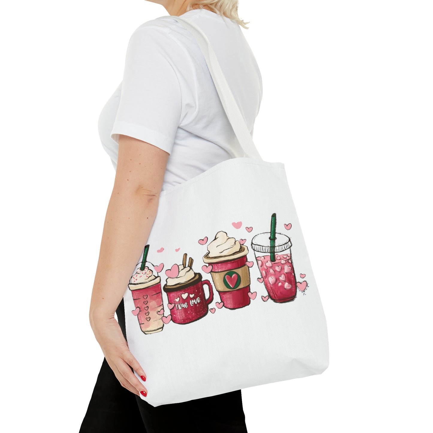 Valentine's Coffee tote bags Double stitched seams, cotton straps, laminate lining. Made with 100% polyester. Cute Valentine's Day gift, Funny Coffee gift, Gift for her. Gift for girlfriend. Sorority sister gift. Great Quality, Perfect gift. Graphic design. Gift for Daughter, Gift for coffee drinker. Starbucks, roast