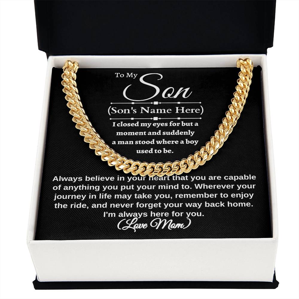 To My Son I closed my eyes for a moment Necklace is a Cuban link chain and Thoughtful message card. Stainless steel and 14k yellow gold 18" - 22" mahogany style luxury box, with LED spotlight. From Mom Gift Personalized Cross Gift for Men Jewelry Daughter Christmas Gift for Him Gift for Her Unique Gift