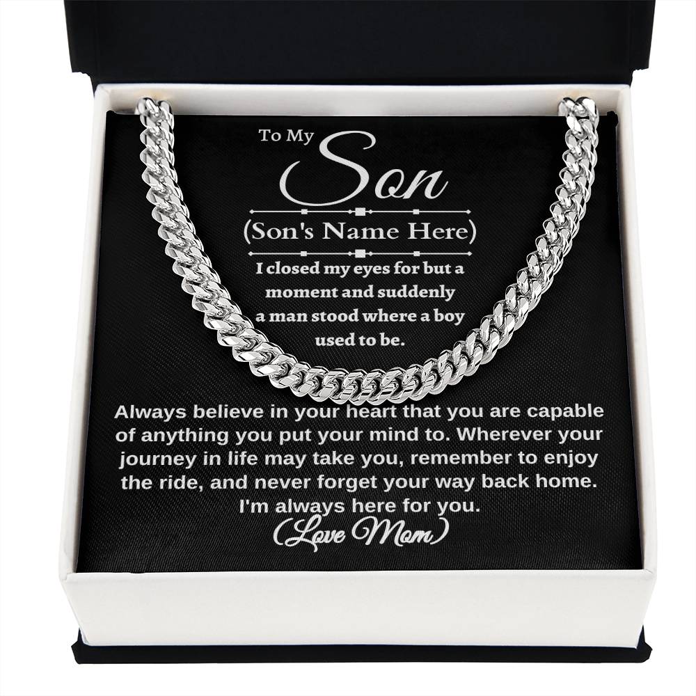 To My Son I closed my eyes for a moment Necklace is a Cuban link chain and Thoughtful message card. Stainless steel and 14k yellow gold 18" - 22" mahogany style luxury box, with LED spotlight. From Mom Gift Personalized Cross Gift for Men Jewelry Daughter Christmas Gift for Him Gift for Her Unique Gift