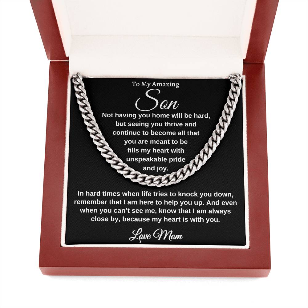 "To My Son, Watching you thrive Stainless Steel Cross Cuban link chain, mahogany box, LED spotlight. lobster clasp From Mom Gift Personalized Gift for Men Jewelry Daughter Christmas Gift for Him Gift for Her Unique Gift Gift for Son