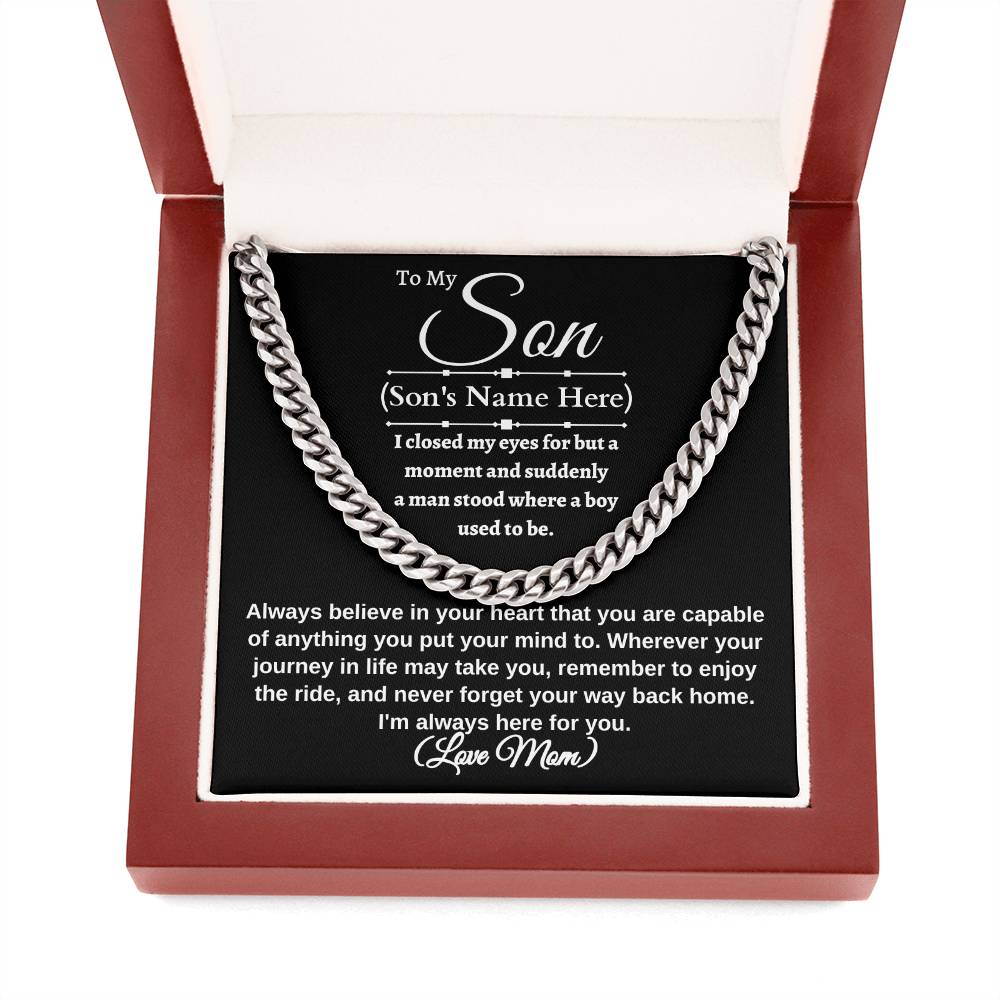To My Son I closed my eyes for a moment Necklace is a Cuban link chain and Thoughtful message card. Stainless steel and 14k yellow gold 18" - 22" mahogany style luxury box, with LED spotlight. From Mom Gift Personalized Cross Gift for Men Jewelry Daughter Christmas Gift for Him Gift for Her Unique Gift