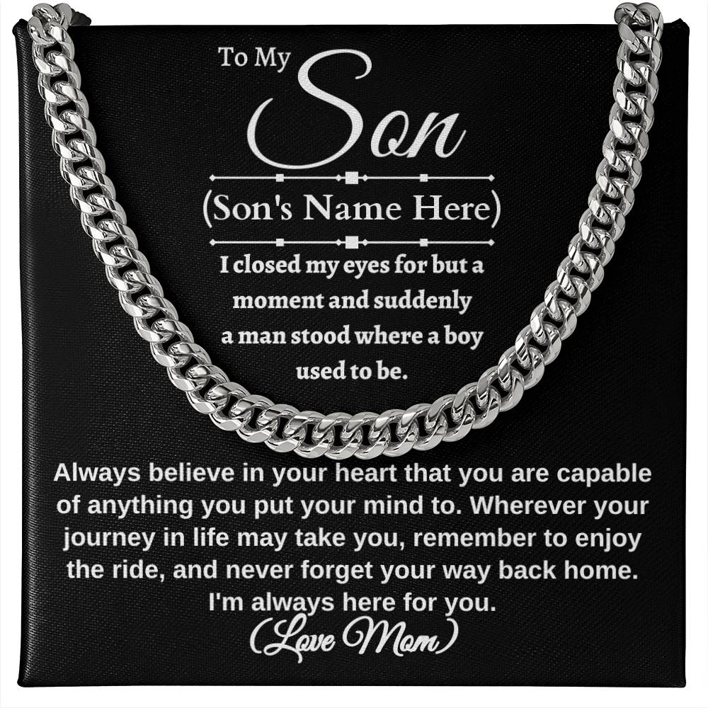 To My Son I closed my eyes for a moment Necklace is a Cuban link chain and Thoughtful message card. Stainless steel and 14k yellow gold 18" - 22" mahogany style luxury box, with LED spotlight. From Mom Gift Personalized Cross Gift for Men Jewelry Daughter Christmas Gift for Him Gift for Her Unique Gift