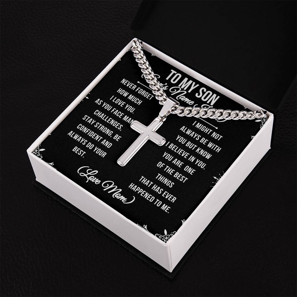 To My Son Never forget stainless steel cross pendant on a Cuban link chain, mahogany box, LED spotlight. Resists tarnishing and is hypoallergenic with adjustable chain (18" - 22"). To My Son From Mom Gift Personalized Cross Necklace Gift for Son Men Jewelry Necklace Christmas Gift Gift for Him Unique Gift