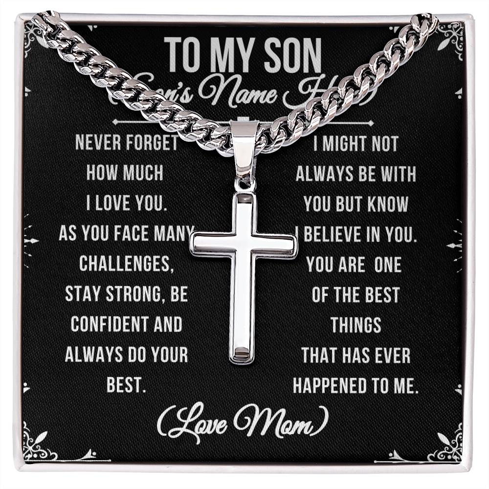 To My Son Never forget stainless steel cross pendant on a Cuban link chain, mahogany box, LED spotlight. Resists tarnishing and is hypoallergenic with adjustable chain (18" - 22"). To My Son From Mom Gift Personalized Cross Necklace Gift for Son Men Jewelry Necklace Christmas Gift Gift for Him Unique Gift