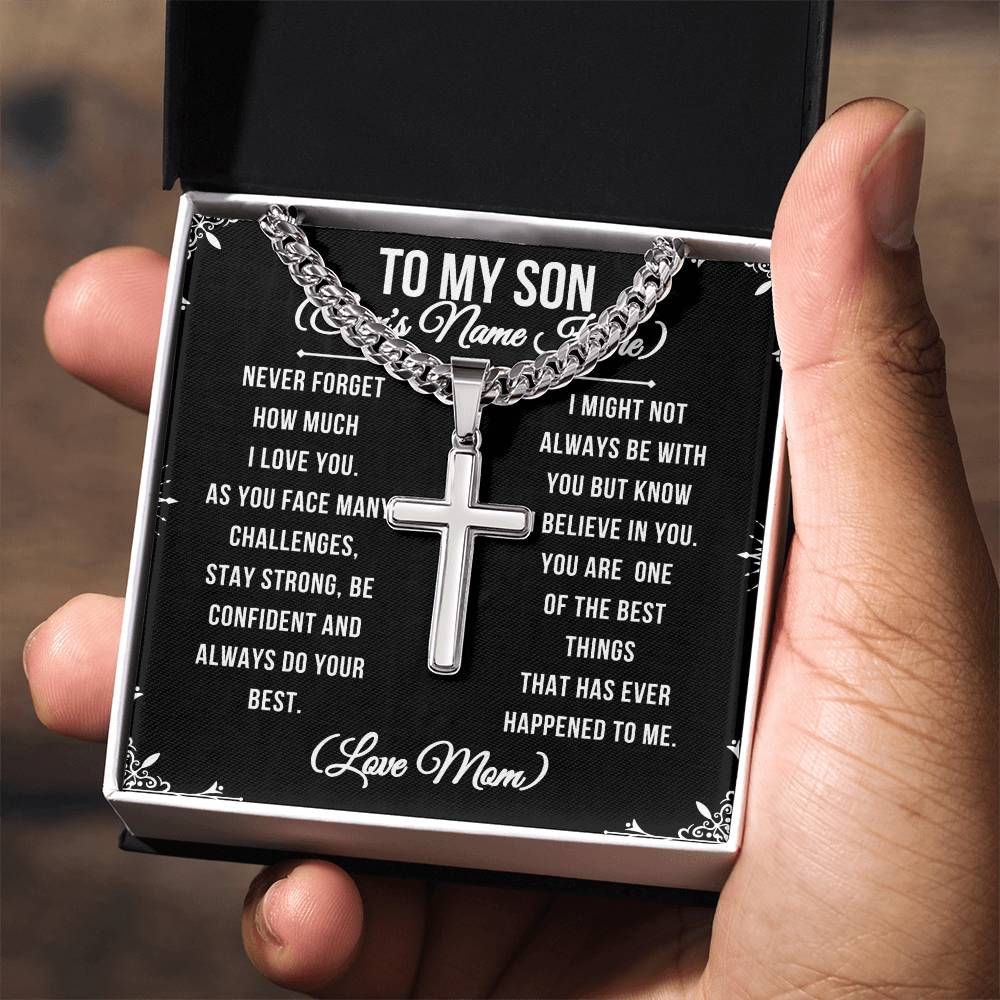 To My Son Never forget stainless steel cross pendant on a Cuban link chain, mahogany box, LED spotlight. Resists tarnishing and is hypoallergenic with adjustable chain (18" - 22"). To My Son From Mom Gift Personalized Cross Necklace Gift for Son Men Jewelry Necklace Christmas Gift Gift for Him Unique Gift