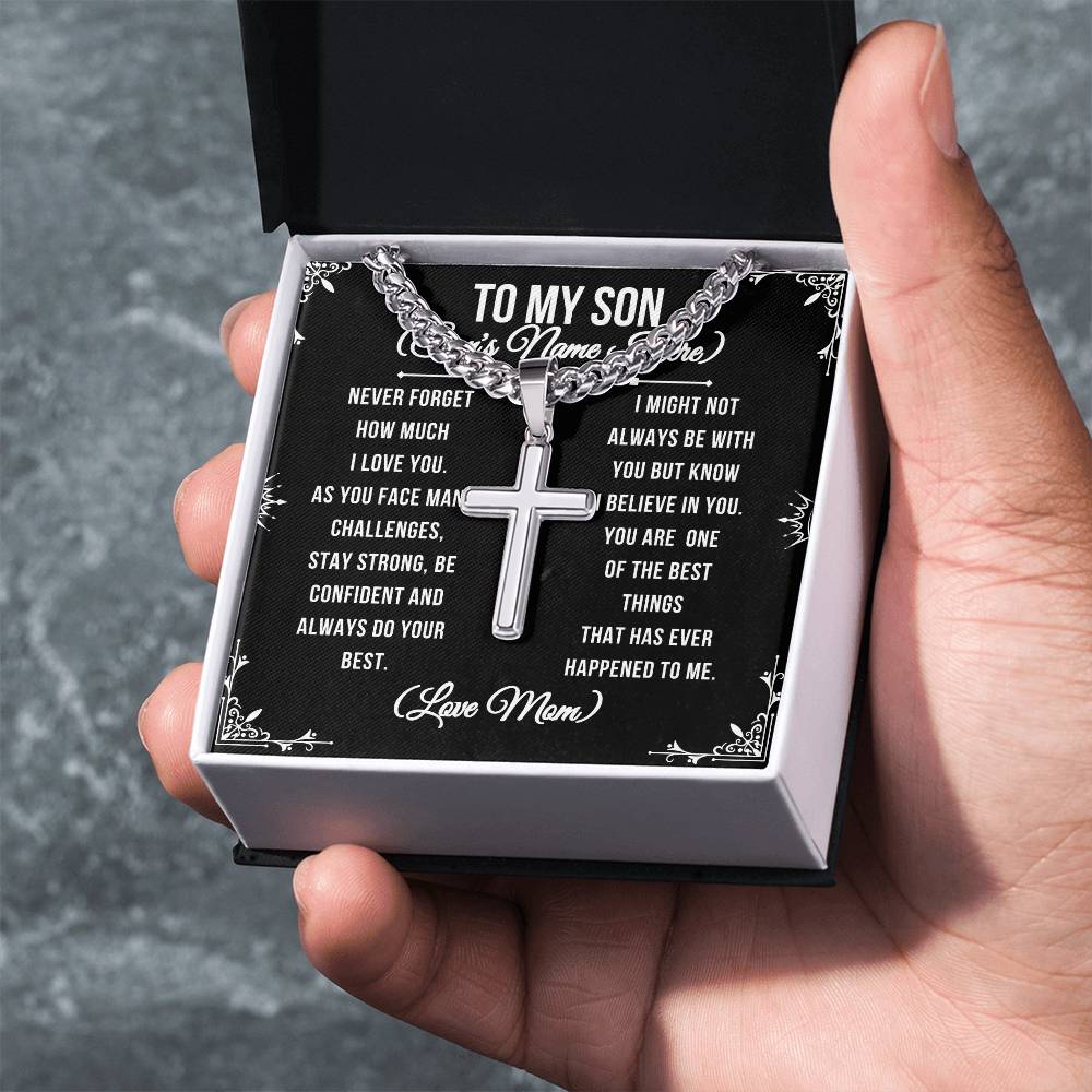 To My Son Never forget stainless steel cross pendant on a Cuban link chain, mahogany box, LED spotlight. Resists tarnishing and is hypoallergenic with adjustable chain (18" - 22"). To My Son From Mom Gift Personalized Cross Necklace Gift for Son Men Jewelry Necklace Christmas Gift Gift for Him Unique Gift