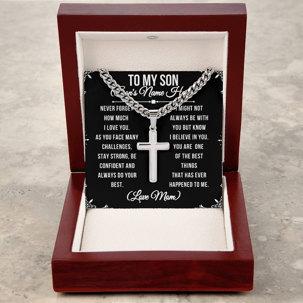 To My Son Never forget stainless steel cross pendant on a Cuban link chain, mahogany box, LED spotlight. Resists tarnishing and is hypoallergenic with adjustable chain (18" - 22"). To My Son From Mom Gift Personalized Cross Necklace Gift for Son Men Jewelry Necklace Christmas Gift Gift for Him Unique Gift