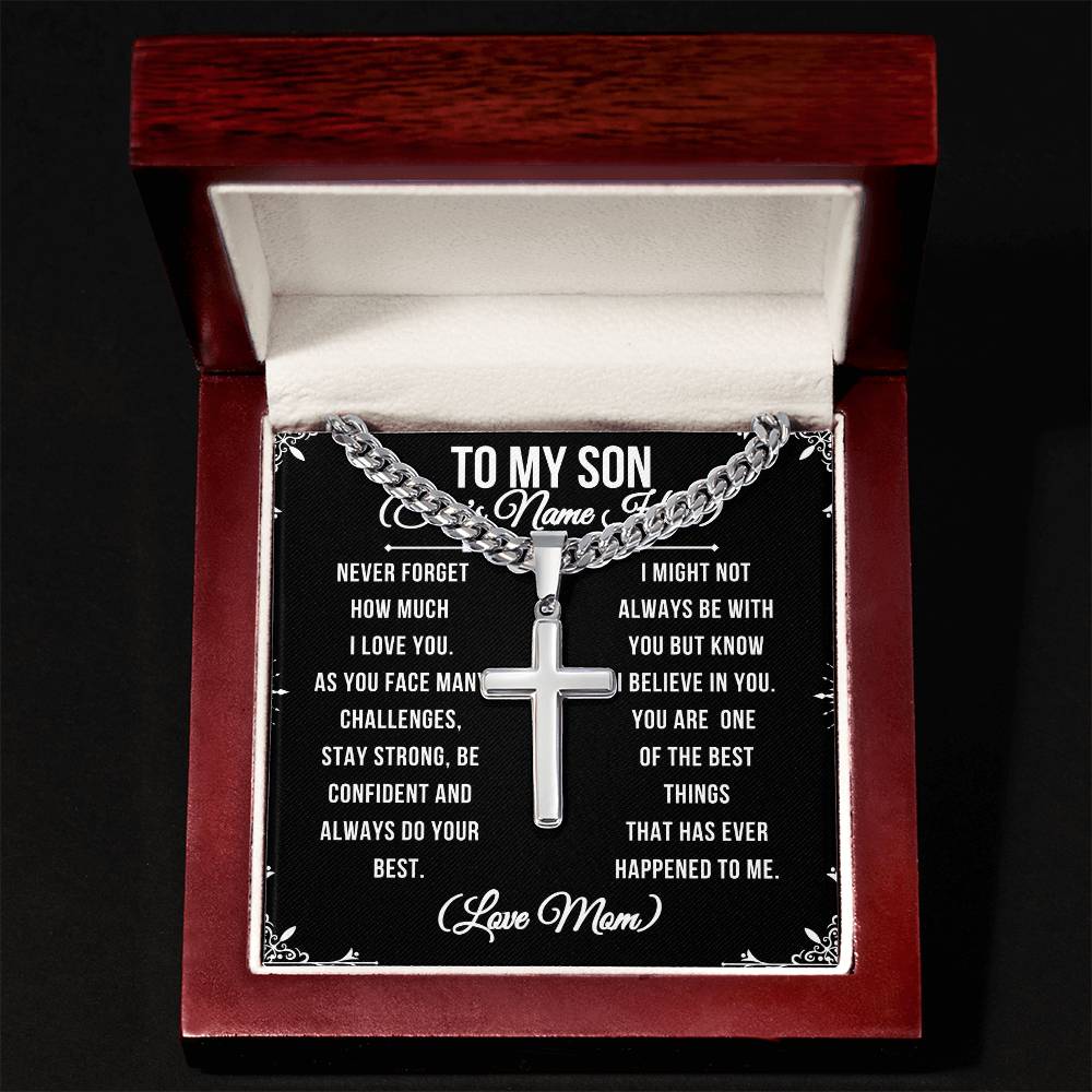 To My Son Never forget stainless steel cross pendant on a Cuban link chain, mahogany box, LED spotlight. Resists tarnishing and is hypoallergenic with adjustable chain (18" - 22"). To My Son From Mom Gift Personalized Cross Necklace Gift for Son Men Jewelry Necklace Christmas Gift Gift for Him Unique Gift