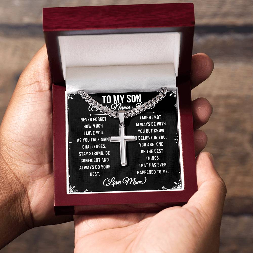 To My Son Never forget stainless steel cross pendant on a Cuban link chain, mahogany box, LED spotlight. Resists tarnishing and is hypoallergenic with adjustable chain (18" - 22"). To My Son From Mom Gift Personalized Cross Necklace Gift for Son Men Jewelry Necklace Christmas Gift Gift for Him Unique Gift