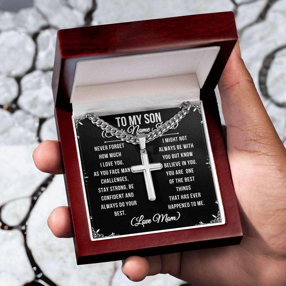 To My Son Never forget stainless steel cross pendant on a Cuban link chain, mahogany box, LED spotlight. Resists tarnishing and is hypoallergenic with adjustable chain (18" - 22"). To My Son From Mom Gift Personalized Cross Necklace Gift for Son Men Jewelry Necklace Christmas Gift Gift for Him Unique Gift