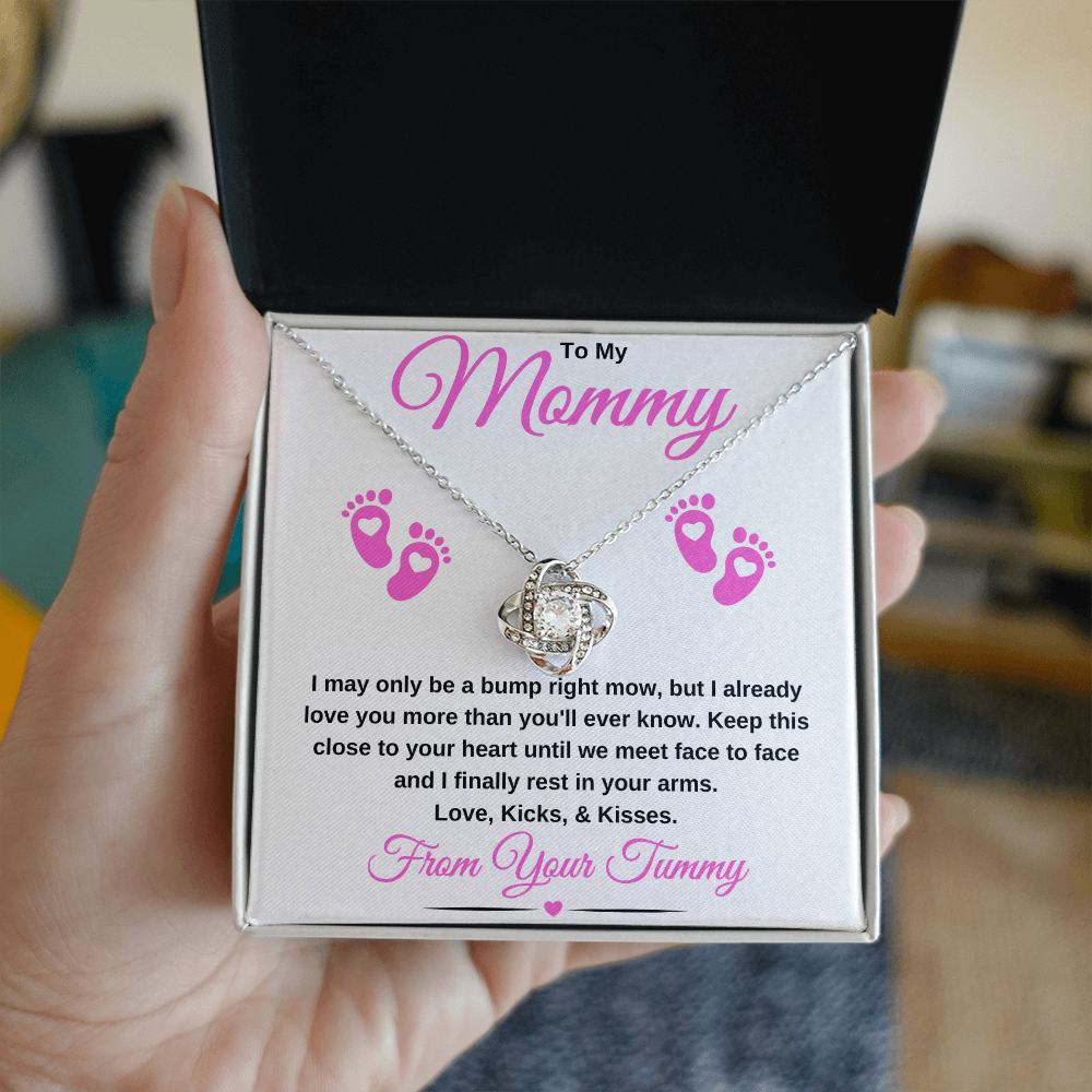 gifts for mom, gifts for dad, gifts for wife, gifts for husband, gifts for daughter, gifts for son
To My Mommy Love Knot Necklace Baby Bump Pink