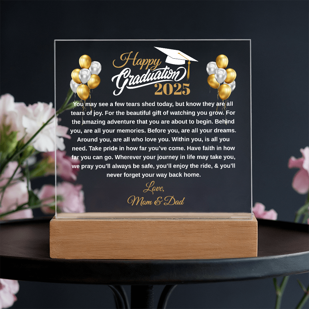 gifts for mom, gifts for dad, gifts for wife, gifts for husband, gifts for daughter, gifts for son, Graduation Acrylic Plaque For Daughter Mom & Dad White Text