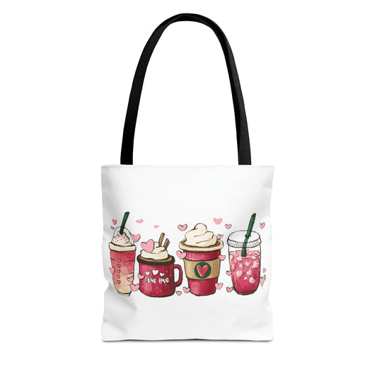 Valentine's Coffee tote bags  Double stitched seams, cotton straps,  laminate lining. Made with 100% polyester. Cute Valentine's Day gift, Funny Coffee gift, Gift for her. Gift for girlfriend. Sorority sister gift. Great Quality, Perfect gift. Graphic design. Gift for Daughter, Gift for coffee drinker. Starbucks, roast