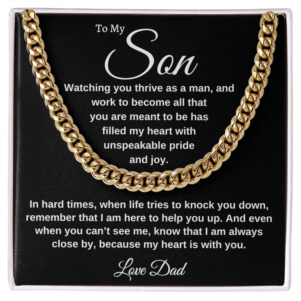 "To Our Amazing Son, Watching you thrive as a man, Cuban link chain and Thoughtful message card. Stainless steel and 14k yellow gold 18" - 22" mahogany style luxury box, with LED spotlight. From Mom Gift Personalized Gift for Men Jewelry Daughter Christmas Gift for Him Gift for Her Unique Gift Gift for Son