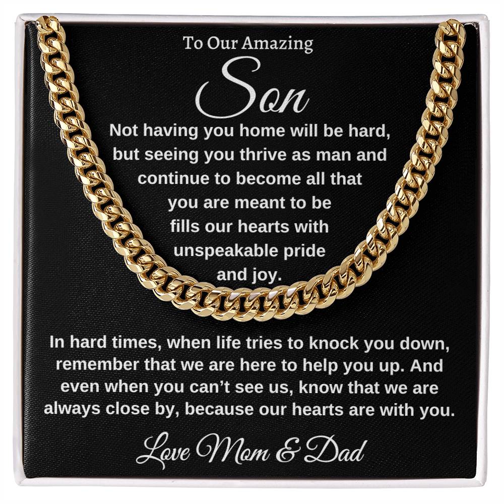 "To Our Amazing Son, Watching you thrive as a man, Cuban link, chain 14k white gold, 18k yellow gold, Great Birthday Gifts For Sons, Great Congratulations Gifts, Great Gift Jewelry and Watches, Great Gifts For Son, Great Graduation Gifts For Son, Great Jewelry Box, Great Sweet 16 Gifts For Son, Military Graduation Gift