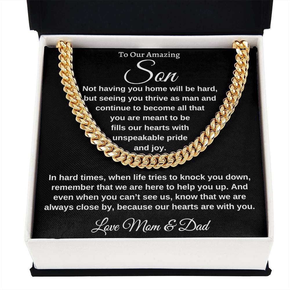 "To Our Amazing Son, Watching you thrive as a man, Cuban link, chain 14k white gold, 18k yellow gold, Great Birthday Gifts For Sons, Great Congratulations Gifts, Great Gift Jewelry and Watches, Great Gifts For Son, Great Graduation Gifts For Son, Great Jewelry Box, Great Sweet 16 Gifts For Son, Military Graduation Gift