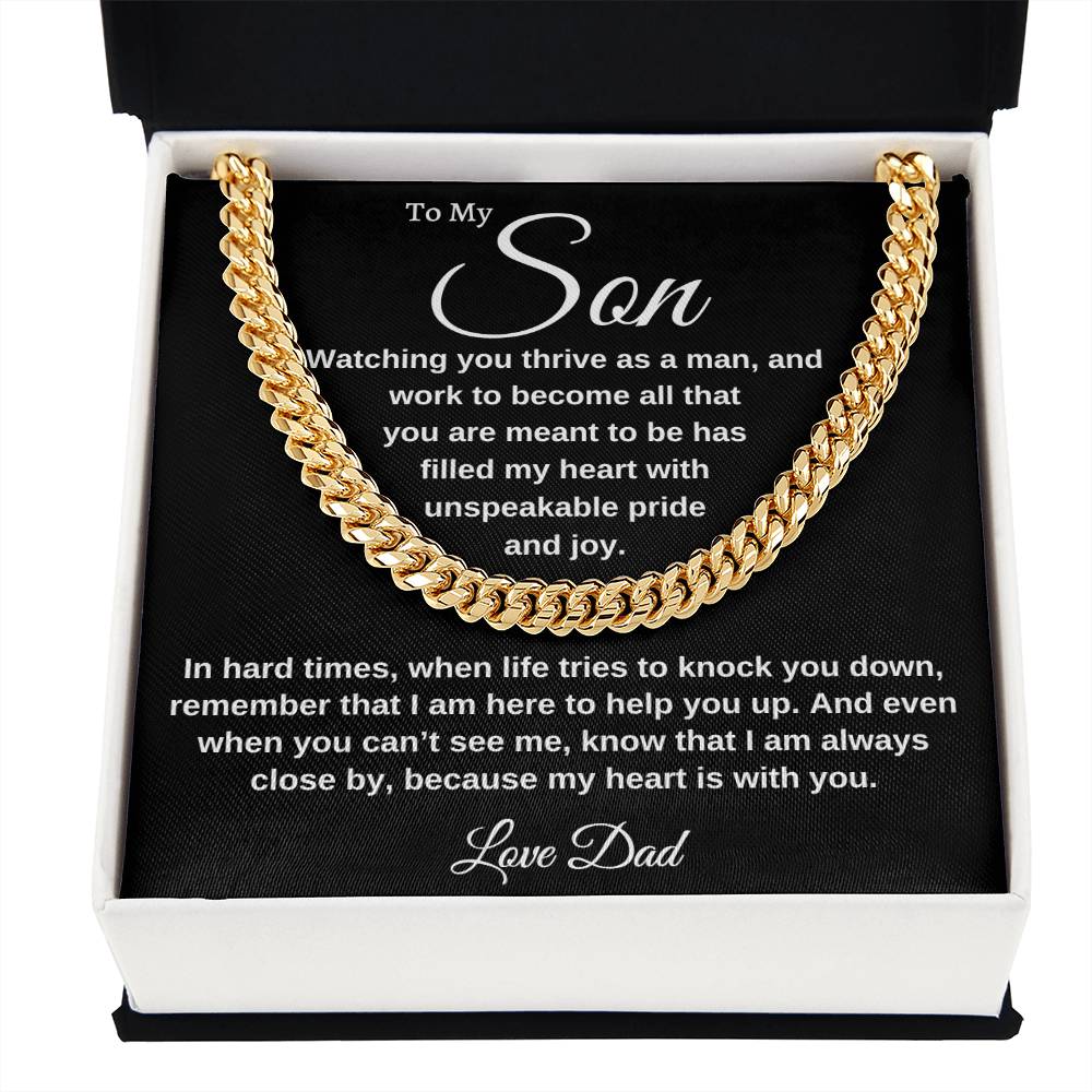 "To Our Amazing Son, Watching you thrive as a man, Cuban link chain and Thoughtful message card. Stainless steel and 14k yellow gold 18" - 22" mahogany style luxury box, with LED spotlight. From Mom Gift Personalized Gift for Men Jewelry Daughter Christmas Gift for Him Gift for Her Unique Gift Gift for Son