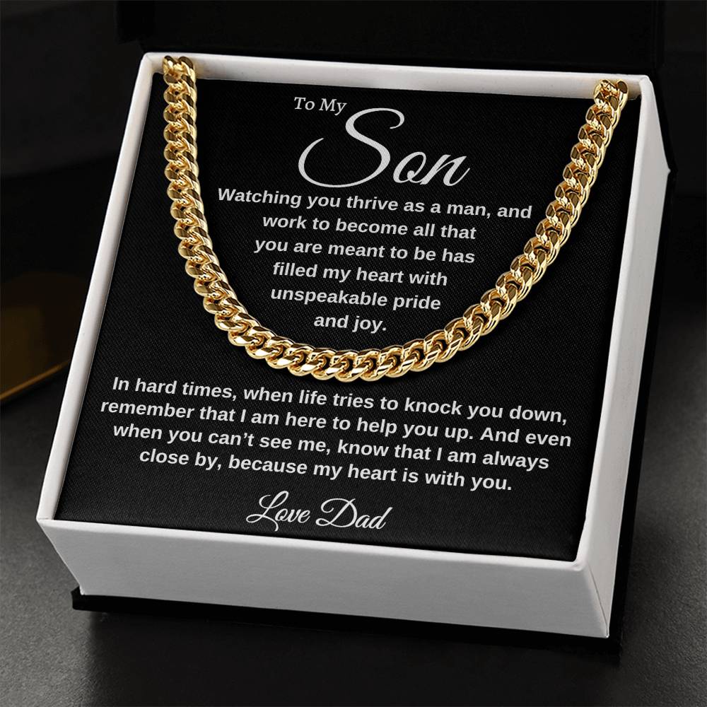 "To Our Amazing Son, Watching you thrive as a man, Cuban link chain and Thoughtful message card. Stainless steel and 14k yellow gold 18" - 22" mahogany style luxury box, with LED spotlight. From Mom Gift Personalized Gift for Men Jewelry Daughter Christmas Gift for Him Gift for Her Unique Gift Gift for Son