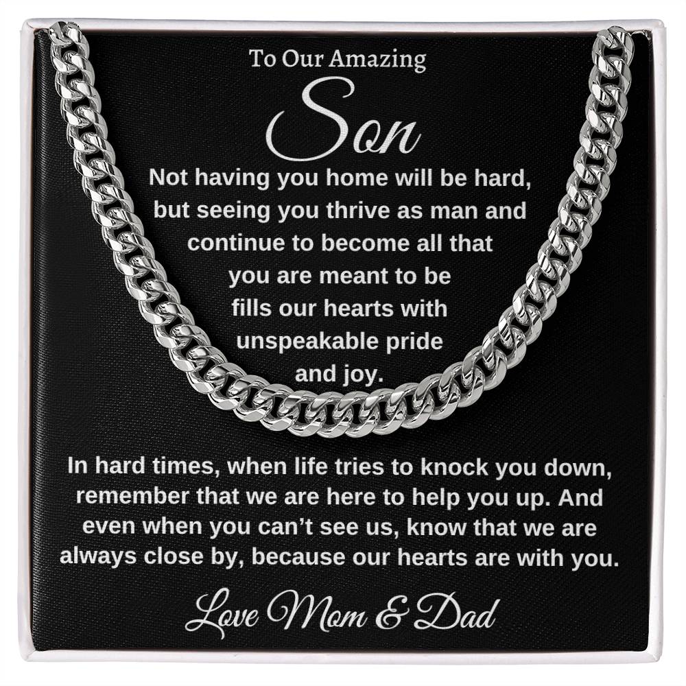 "To Our Amazing Son, Watching you thrive as a man, Cuban link, chain 14k white gold, 18k yellow gold, Great Birthday Gifts For Sons, Great Congratulations Gifts, Great Gift Jewelry and Watches, Great Gifts For Son, Great Graduation Gifts For Son, Great Jewelry Box, Great Sweet 16 Gifts For Son, Military Graduation Gift