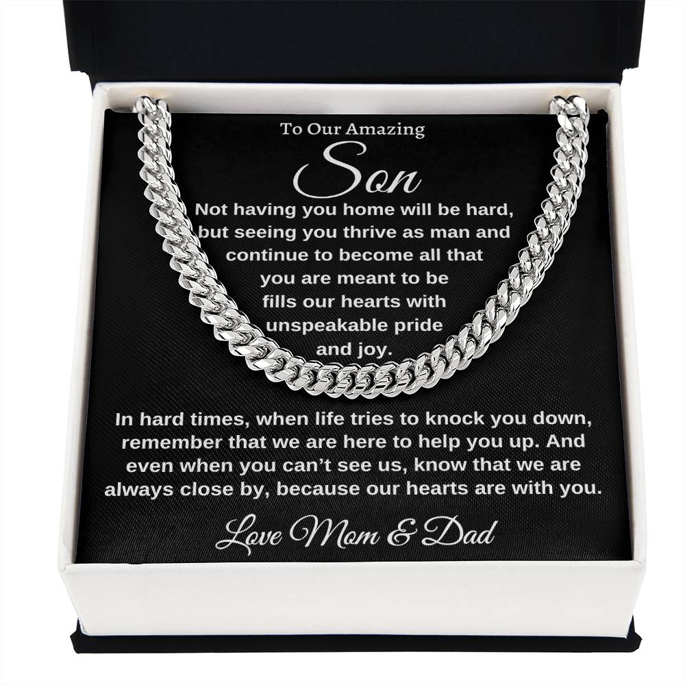 "To Our Amazing Son, Watching you thrive as a man, Cuban link, chain 14k white gold, 18k yellow gold, Great Birthday Gifts For Sons, Great Congratulations Gifts, Great Gift Jewelry and Watches, Great Gifts For Son, Great Graduation Gifts For Son, Great Jewelry Box, Great Sweet 16 Gifts For Son, Military Graduation Gift