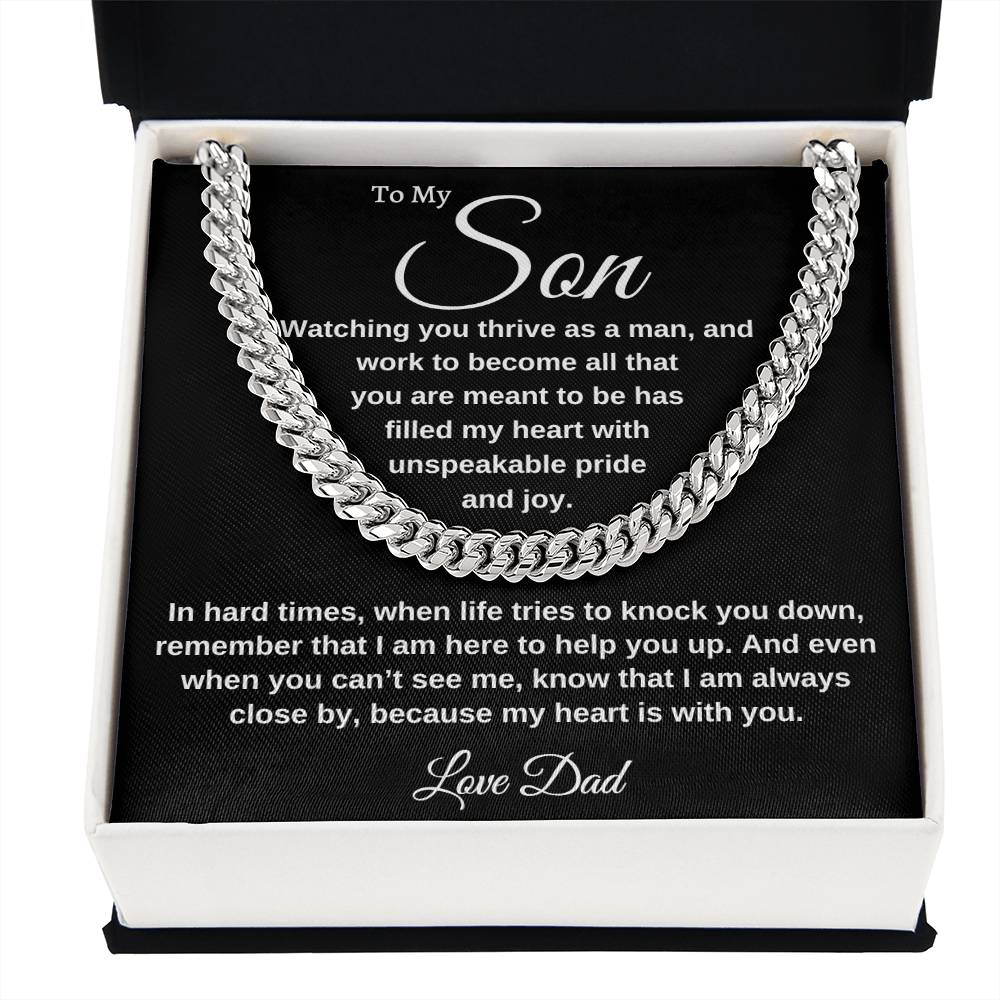 "To Our Amazing Son, Watching you thrive as a man, Cuban link chain and Thoughtful message card. Stainless steel and 14k yellow gold 18" - 22" mahogany style luxury box, with LED spotlight. From Mom Gift Personalized Gift for Men Jewelry Daughter Christmas Gift for Him Gift for Her Unique Gift Gift for Son