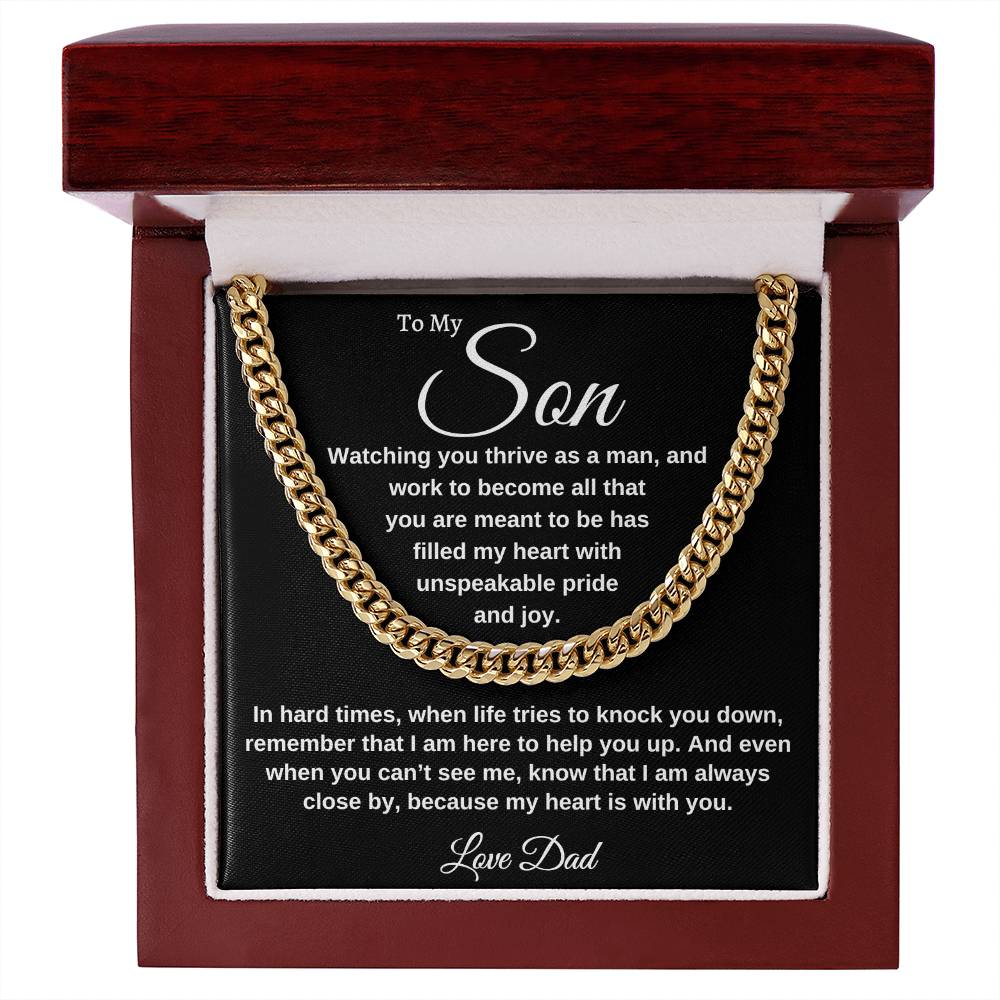 "To Our Amazing Son, Watching you thrive as a man, Cuban link chain and Thoughtful message card. Stainless steel and 14k yellow gold 18" - 22" mahogany style luxury box, with LED spotlight. From Mom Gift Personalized Gift for Men Jewelry Daughter Christmas Gift for Him Gift for Her Unique Gift Gift for Son