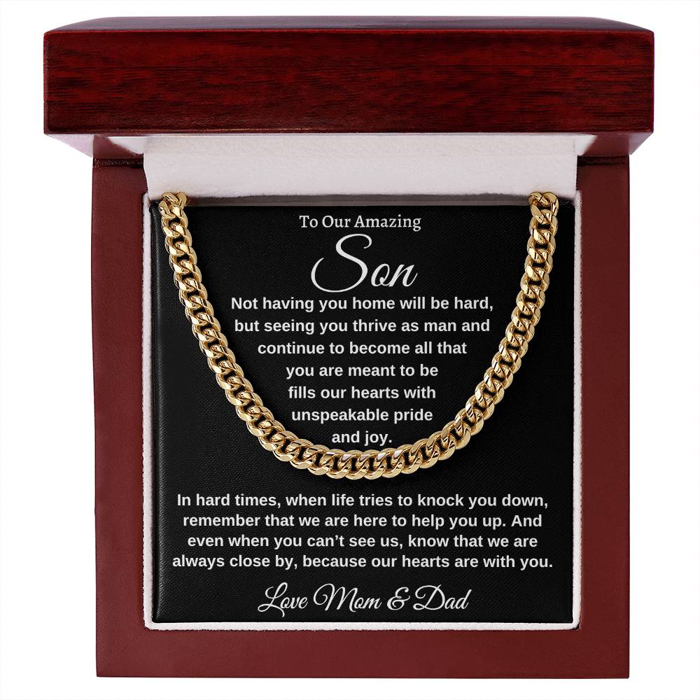 "To Our Amazing Son, Watching you thrive as a man, Cuban link, chain 14k white gold, 18k yellow gold, Great Birthday Gifts For Sons, Great Congratulations Gifts, Great Gift Jewelry and Watches, Great Gifts For Son, Great Graduation Gifts For Son, Great Jewelry Box, Great Sweet 16 Gifts For Son, Military Graduation Gift
