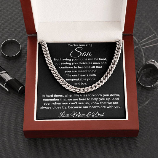 "To Our Amazing Son, Watching you thrive as a man, Cuban link, chain 14k white gold, 18k yellow gold, Great Birthday Gifts For Sons, Great Congratulations Gifts, Great Gift Jewelry and Watches, Great Gifts For Son, Great Graduation Gifts For Son, Great Jewelry Box, Great Sweet 16 Gifts For Son, Military Graduation Gift