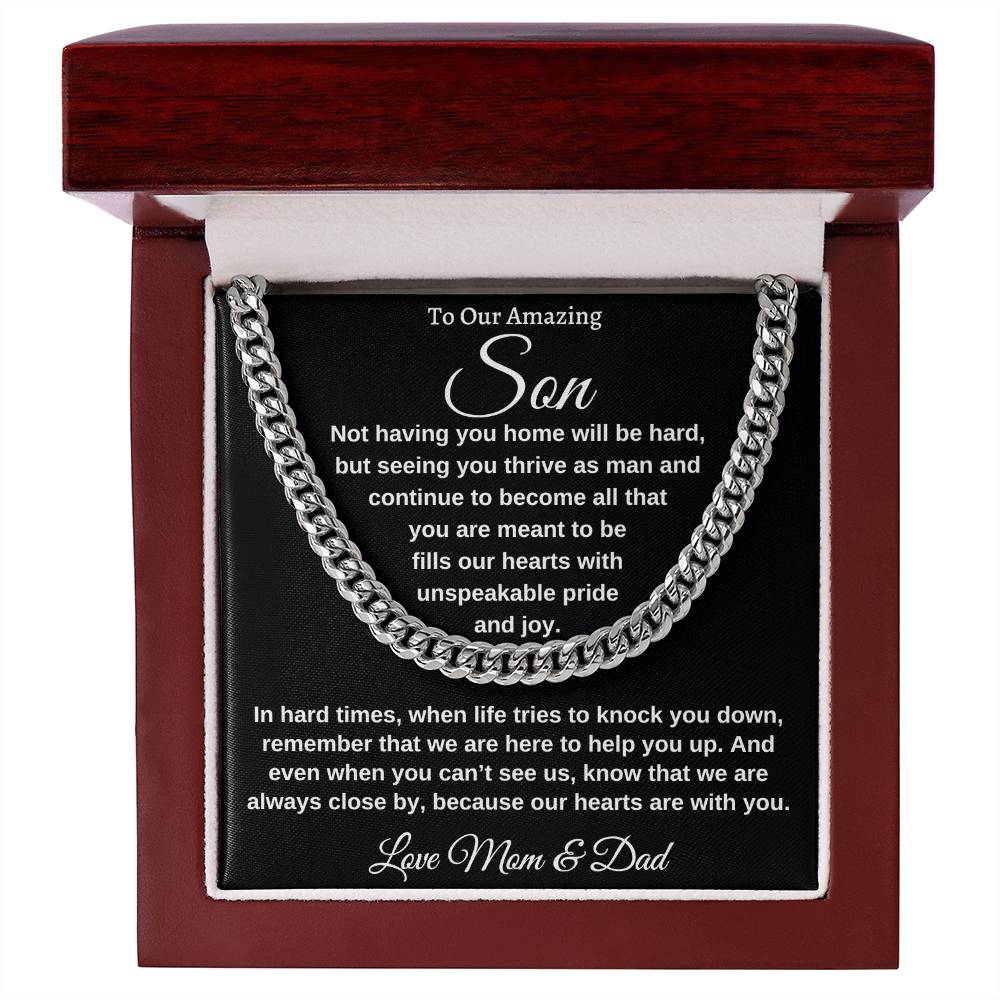 "To Our Amazing Son, Watching you thrive as a man, Cuban link, chain 14k white gold, 18k yellow gold, Great Birthday Gifts For Sons, Great Congratulations Gifts, Great Gift Jewelry and Watches, Great Gifts For Son, Great Graduation Gifts For Son, Great Jewelry Box, Great Sweet 16 Gifts For Son, Military Graduation Gift