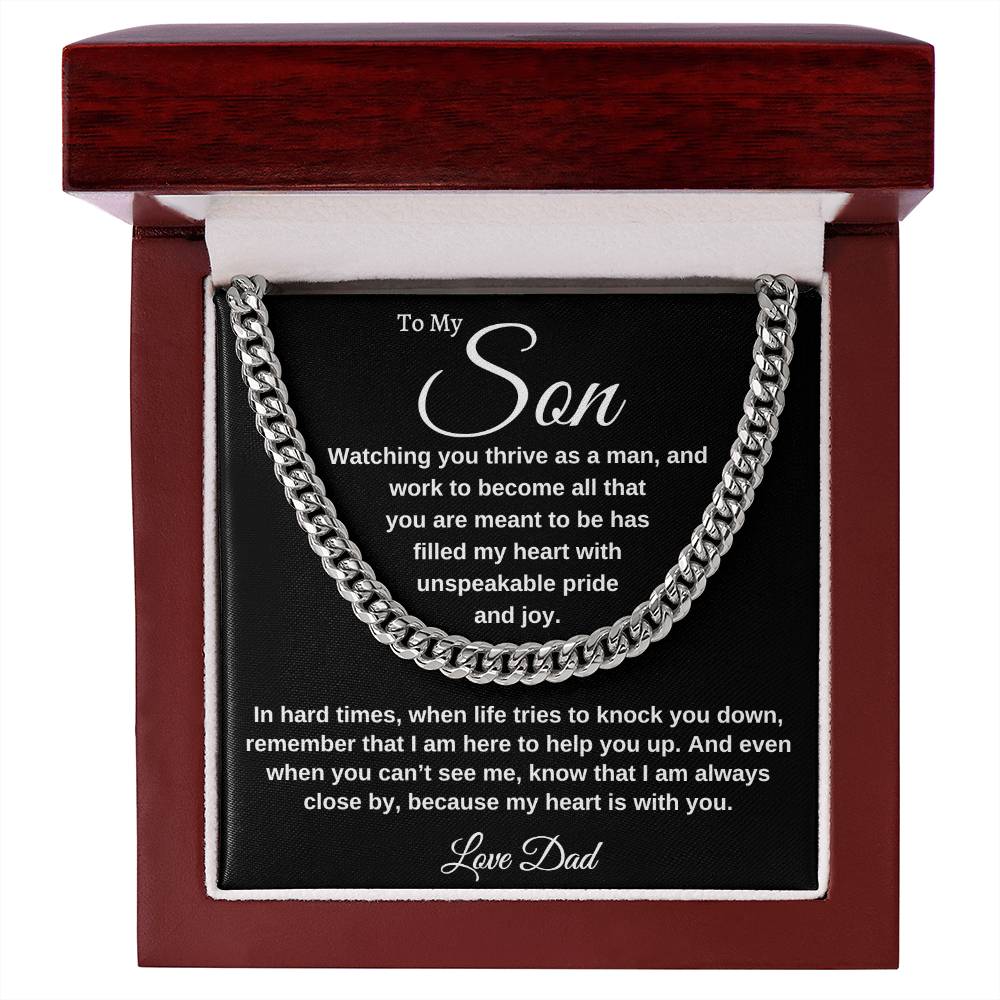 "To Our Amazing Son, Watching you thrive as a man, Cuban link chain and Thoughtful message card. Stainless steel and 14k yellow gold 18" - 22" mahogany style luxury box, with LED spotlight. From Mom Gift Personalized Gift for Men Jewelry Daughter Christmas Gift for Him Gift for Her Unique Gift Gift for Son