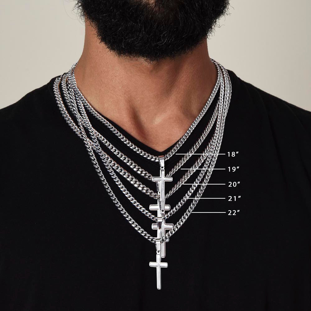 To My Son Never forget stainless steel cross pendant on a Cuban link chain, mahogany  box, LED spotlight. Resists tarnishing and is hypoallergenic with adjustable chain (18" - 22"). To My Son From Mom Gift Personalized Cross Necklace Gift for Son Men Jewelry Necklace Christmas Gift Gift for Him Unique Gift