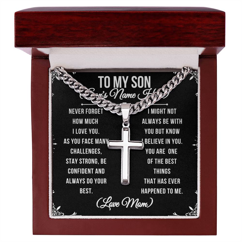 To My Son Never forget stainless steel cross pendant on a Cuban link chain, mahogany  box, LED spotlight. Resists tarnishing and is hypoallergenic with adjustable chain (18" - 22"). To My Son From Mom Gift Personalized Cross Necklace Gift for Son Men Jewelry Necklace Christmas Gift Gift for Him Unique Gift