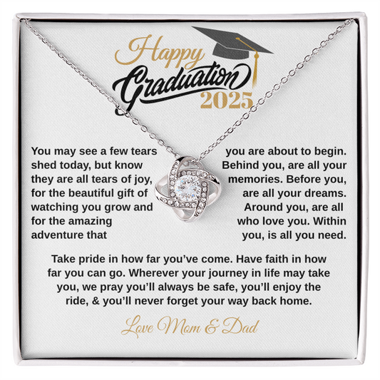 gifts for mom, gifts for dad, gifts for wife, gifts for husband, gifts for daughter, gifts for son, Personalized Happy Graduation Daughter Love Knot Necklace