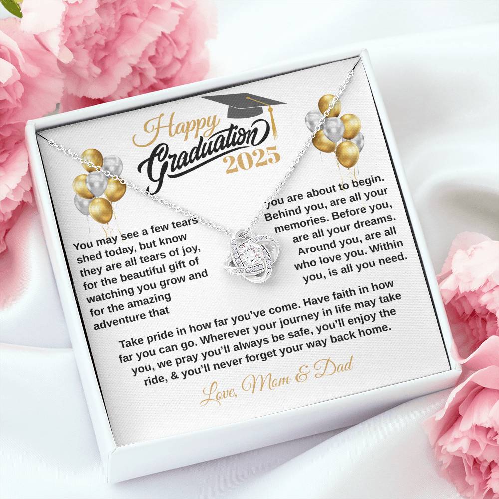 gifts for mom, gifts for dad, gifts for wife, gifts for husband, gifts for daughter, gifts for son, Personalized Happy Graduation Daughter Love Knot Necklace