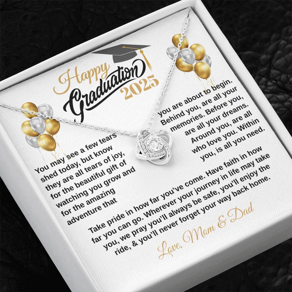 gifts for mom, gifts for dad, gifts for wife, gifts for husband, gifts for daughter, gifts for son, Personalized Happy Graduation Daughter Love Knot Necklace