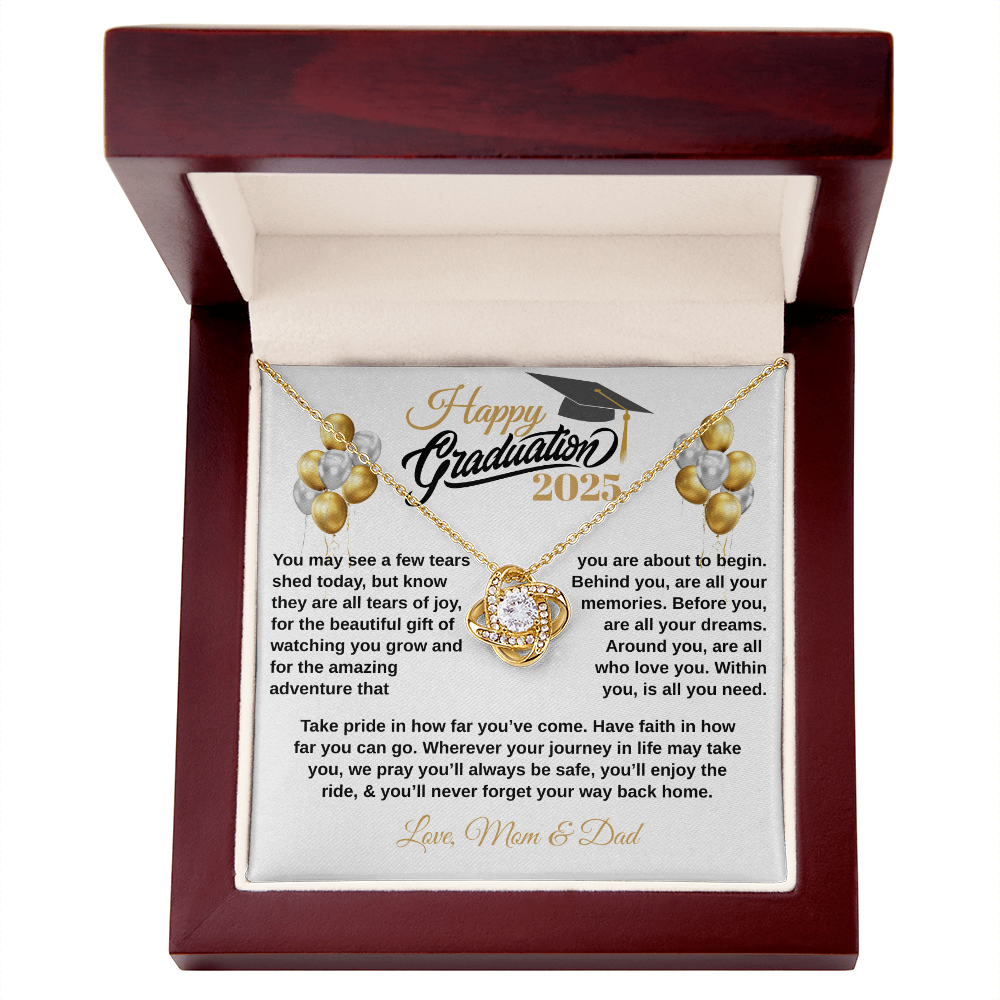 gifts for mom, gifts for dad, gifts for wife, gifts for husband, gifts for daughter, gifts for son, Personalized Happy Graduation Daughter Love Knot Necklace