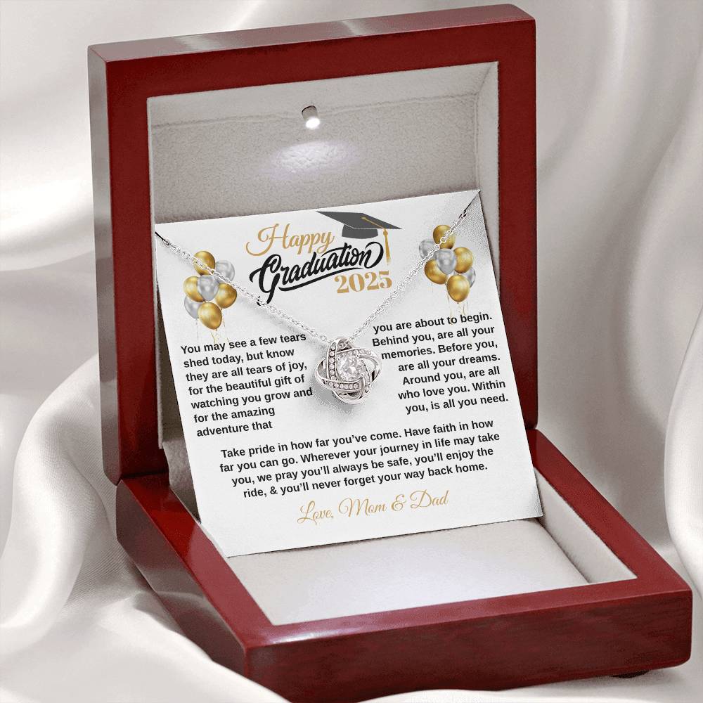 gifts for mom, gifts for dad, gifts for wife, gifts for husband, gifts for daughter, gifts for son, Personalized Happy Graduation Daughter Love Knot Necklace