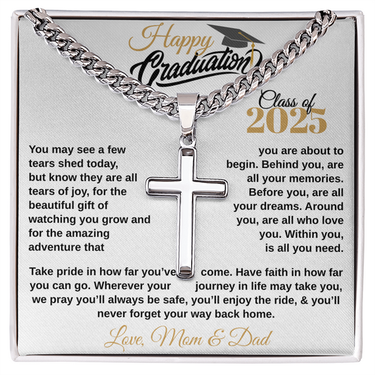 gifts for mom, gifts for dad, gifts for wife, gifts for husband, gifts for daughter, gifts for son, Personalized Happy Graduation Cuban Link Chain Artisan Cross