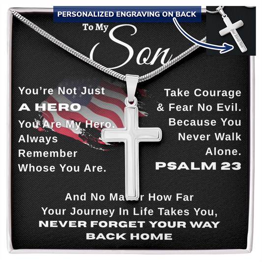 gifts for mom, gifts for dad, gifts for wife, gifts for husband, gifts for daughter, gifts for son, Not Just A Hero Personalized Cross Necklace W/Snake Chain